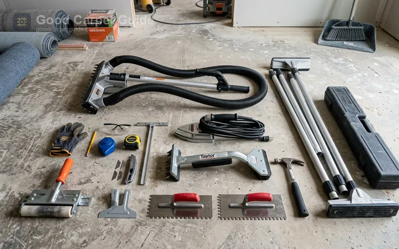 Installer's tool roll laid out on a job site, showing power stretcher, seam iron, and row runner