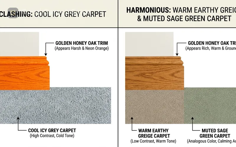 Color coordination diagram comparing clashing cool icy grey carpet versus harmonious warm earthy greige and sage green carpet next to golden honey oak baseboards