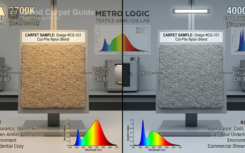 Split-screen laboratory comparison showing a greige carpet sample under 2700K warm incandescent light versus 4000K cool fluorescent showroom light