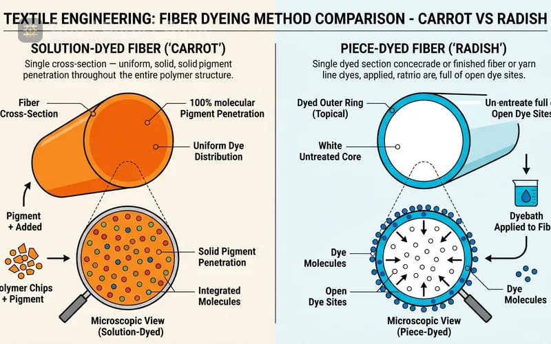 Technical cross-section diagram showing solid molecular pigment penetration in Solution-Dyed 'Carrot' fiber versus topical surface dye coating in Piece-Dyed 'Radish' fiber