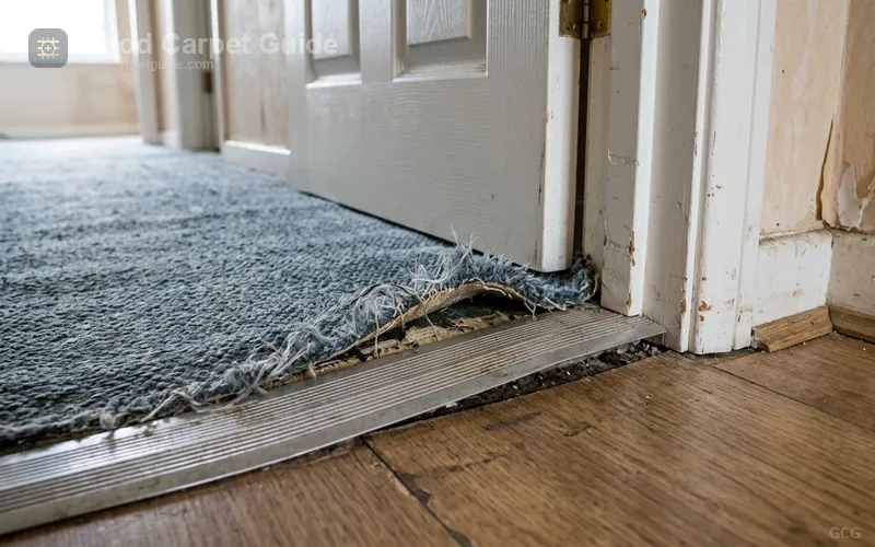 An untucked carpet edge beside a mismatched bar