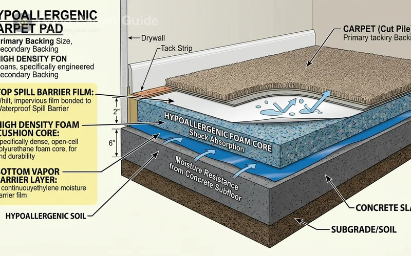 A layered carpet pad system showing top spill barrier film, high-density cushion core, and bottom vapor barrier over concrete slab