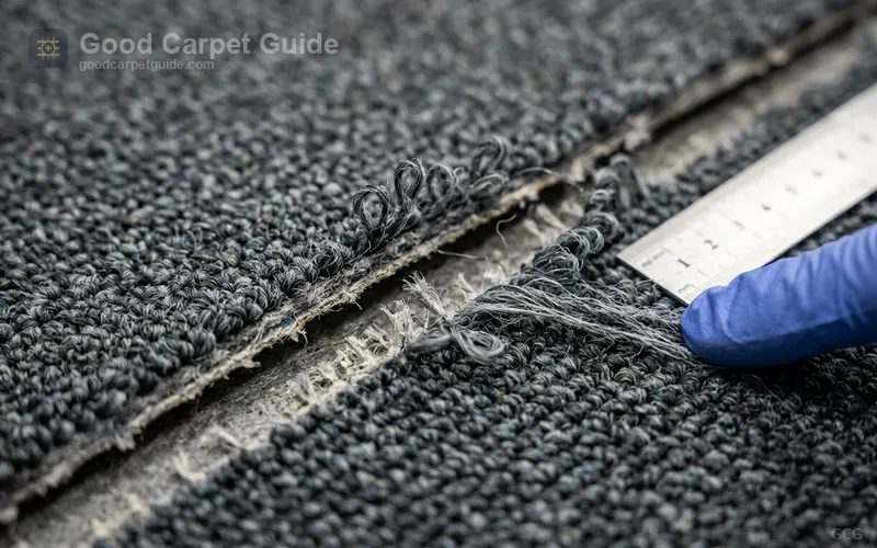 Close-up of a zippered carpet seam showing loose face fibers along the cut edge